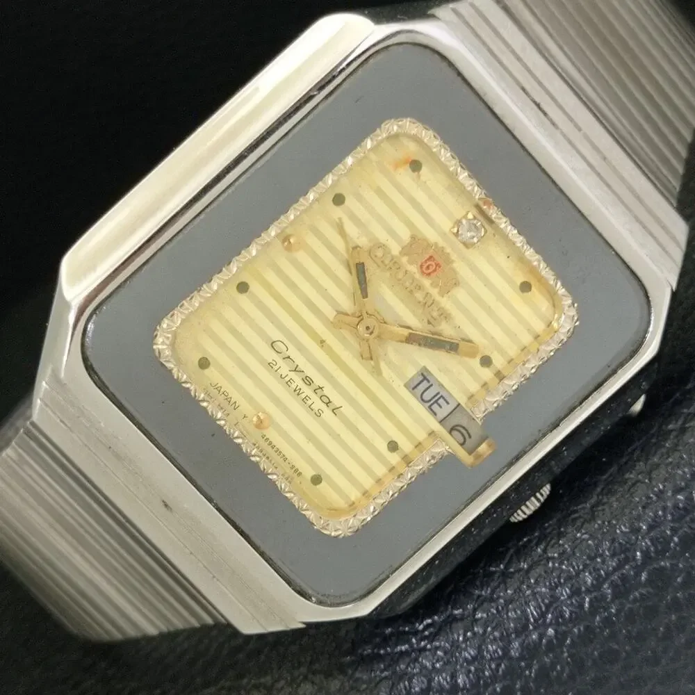 Vintage 1979 Square Orient Automatic Mens Silver Watch W/daydate & Gold accents